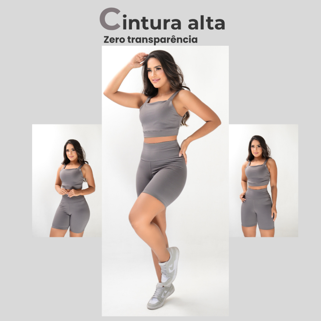 Conjunto Short e Top Fitness Feminino Cintura Alta Modeladora Não Transparente Suplex Academia Alta Compressão