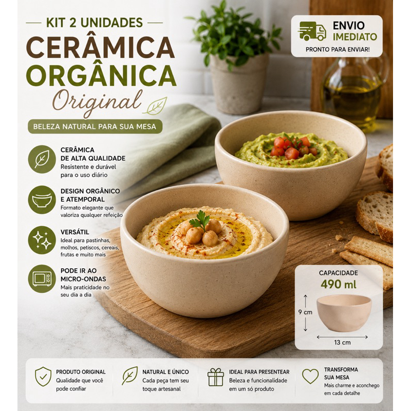 Kit 2 Peças Tigela Cambuca 490ml Tigela Sopa 9cm x 13cm Caldo Tigela Sopa Grande Cerâmica Duna 490ml