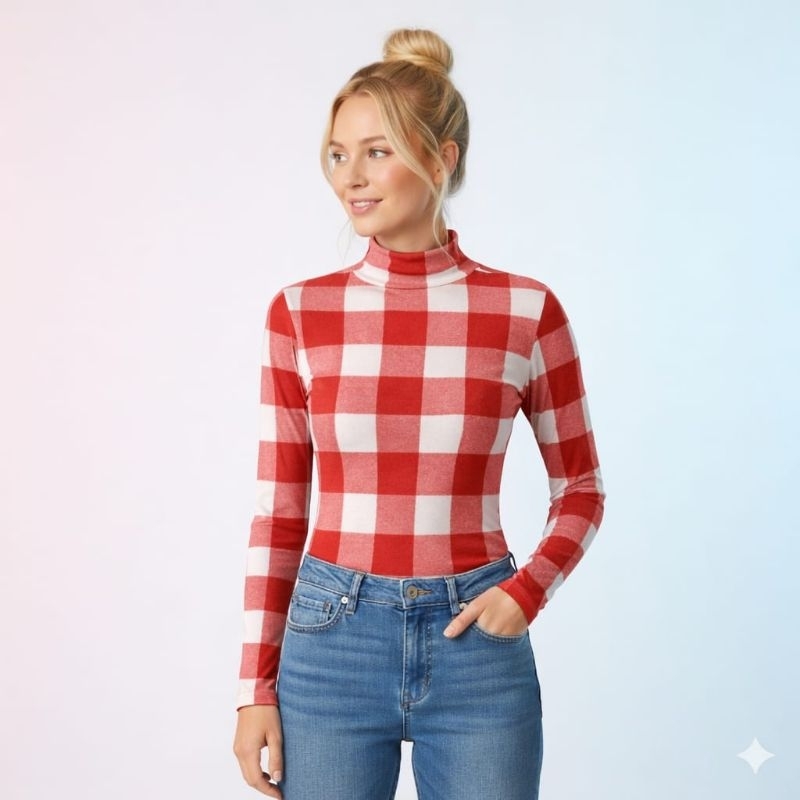 Blusa Cacharrél Feminina Xadrez  Gola Alta Manga Longa Macia
