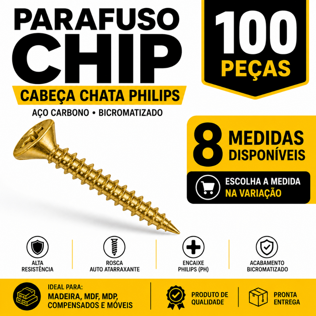 Monte Seu Kit Parafuso Chip Philips 100 Peças Madeira MDF MDP Marcenaria Cabeça Chata Para Madeira