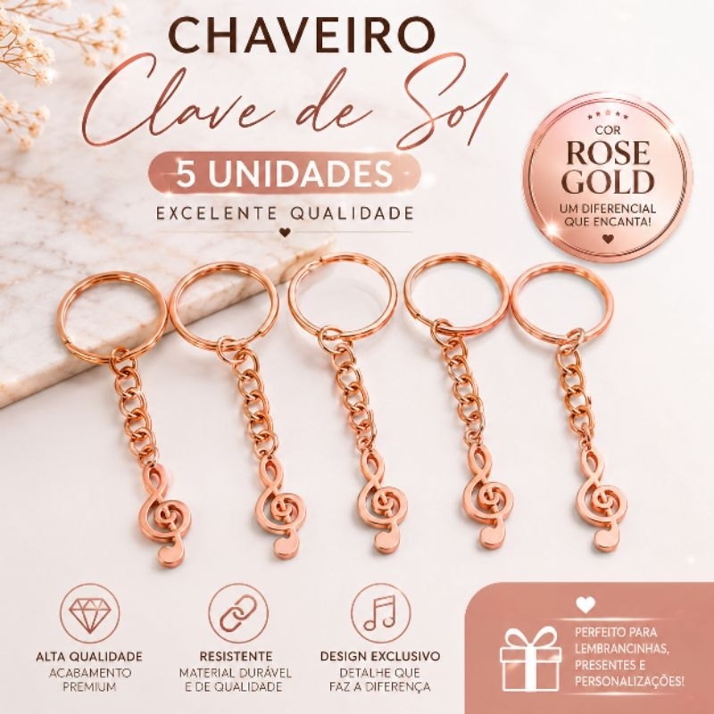 5 unidades Chaveiro Argola 25mm Nota Musical Clave de Sol ROSE GOLD