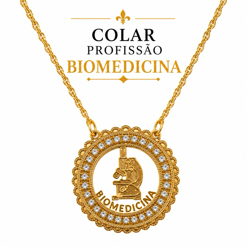 Colar Profissão Biomedicina | Dourado com Strass Pingente |  Biomédica Presente Formatura