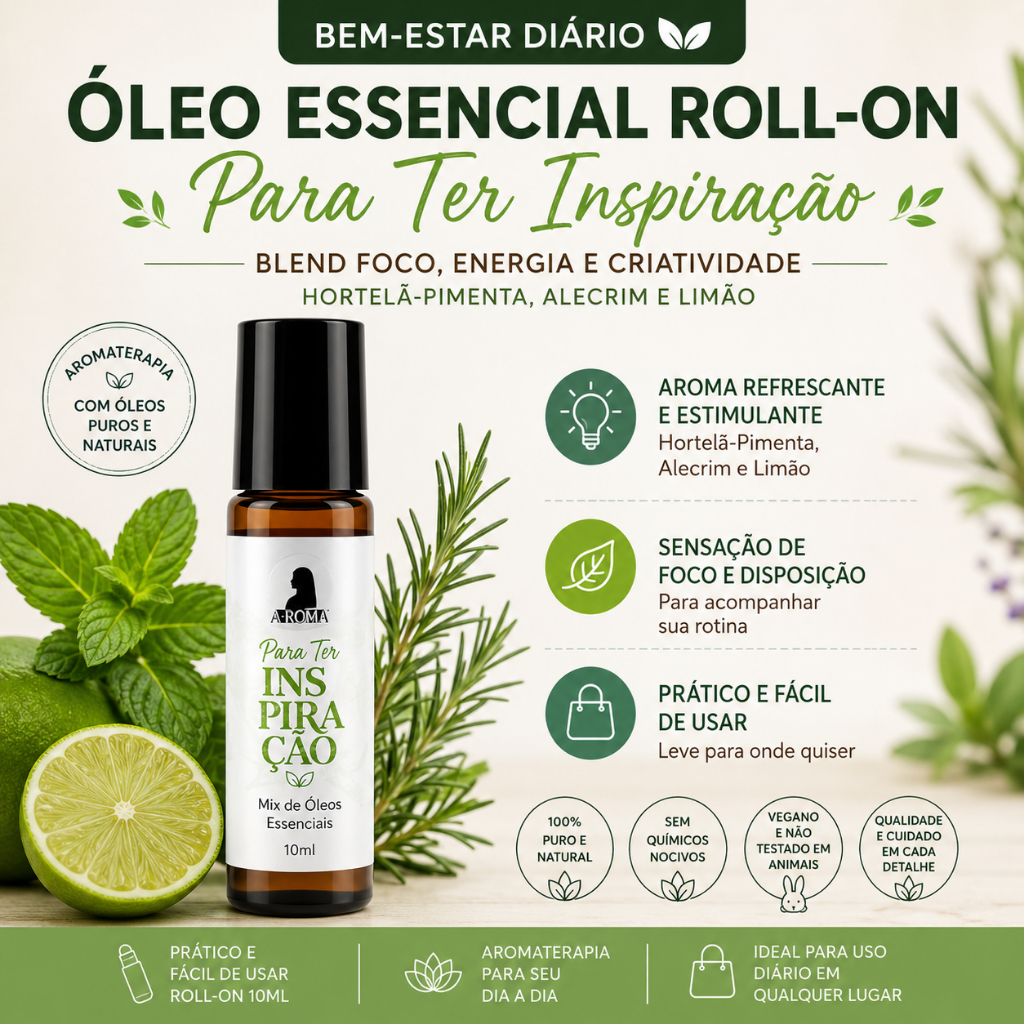 Óleo Essencial Roll-on Para Ter Inspiração | Blend Foco, Energia e Criatividade | Hortelã-Pimenta, Alecrim e Limão