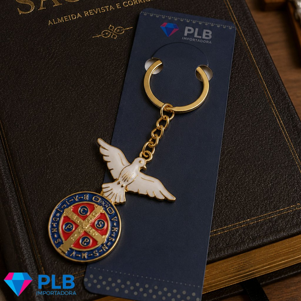 Kit 12 São Bento Espirito Santo Chaveiro Dourado Pomba Divina Religioso Catolico Fé Lembrancinha