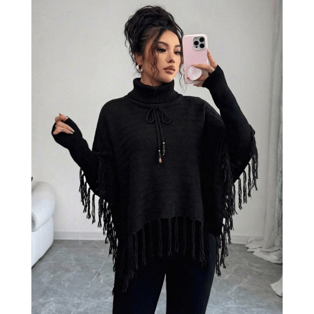 Poncho Feminino Tricot Elegante Gola Alta Social Chique Inverno Xale Crochet De Frio Lari