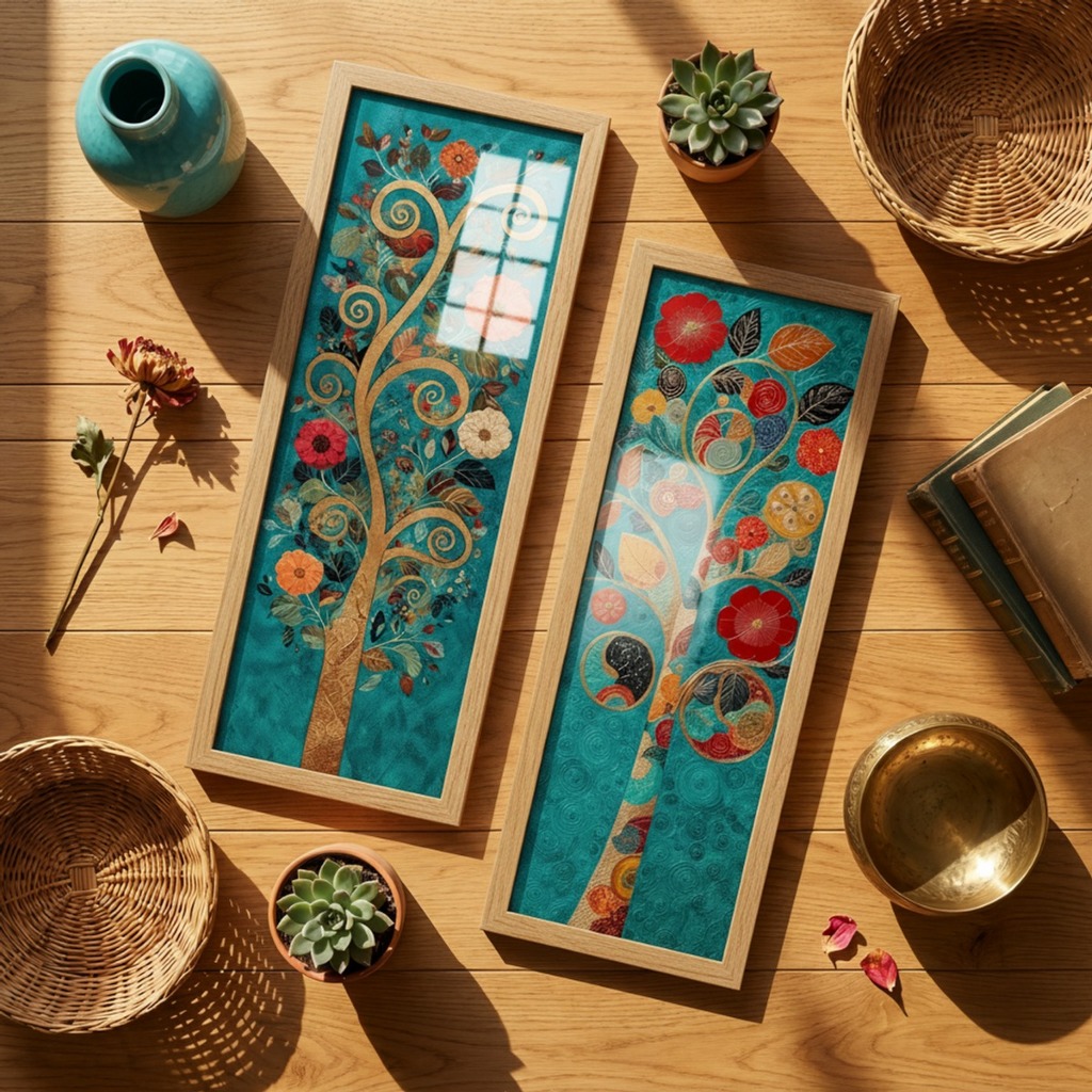 Imagem Kit 2 Quadros Decorativos Arvore da Vida Turquesa Espiritual Mandala Sala Quarto Meditação 18x45 cm