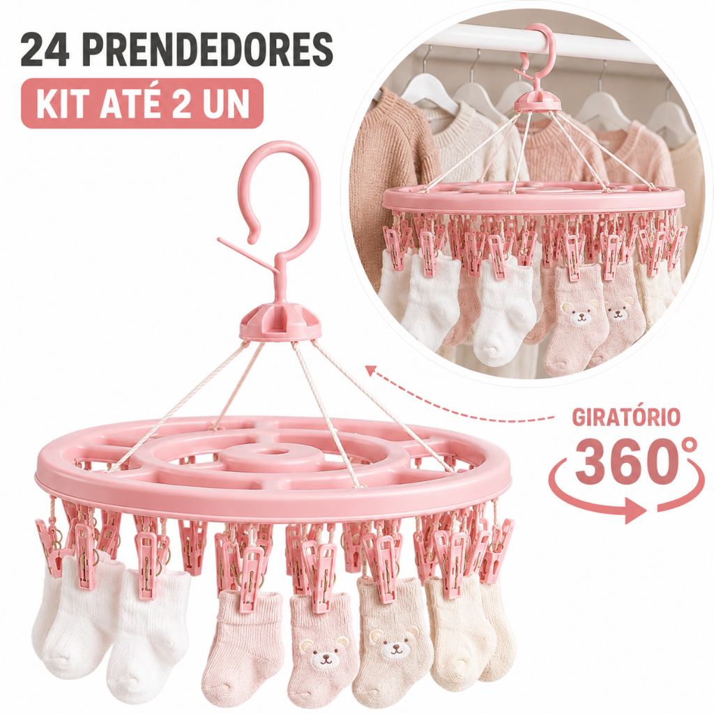 Kit Até 2 Varal Giratório 24 Prendedores Para Roupas de Bebê Meias Body Infantil Roupa Íntima