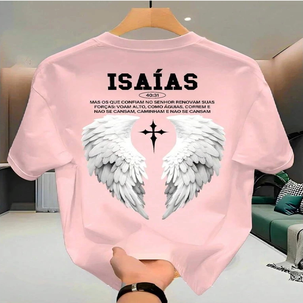 Camiseta Cristã Isaías 40 31 Blusa Evangélica T-Shirt 100% Algodão Premium Estampa Asas E Cruz Moda Gospel Streetwear