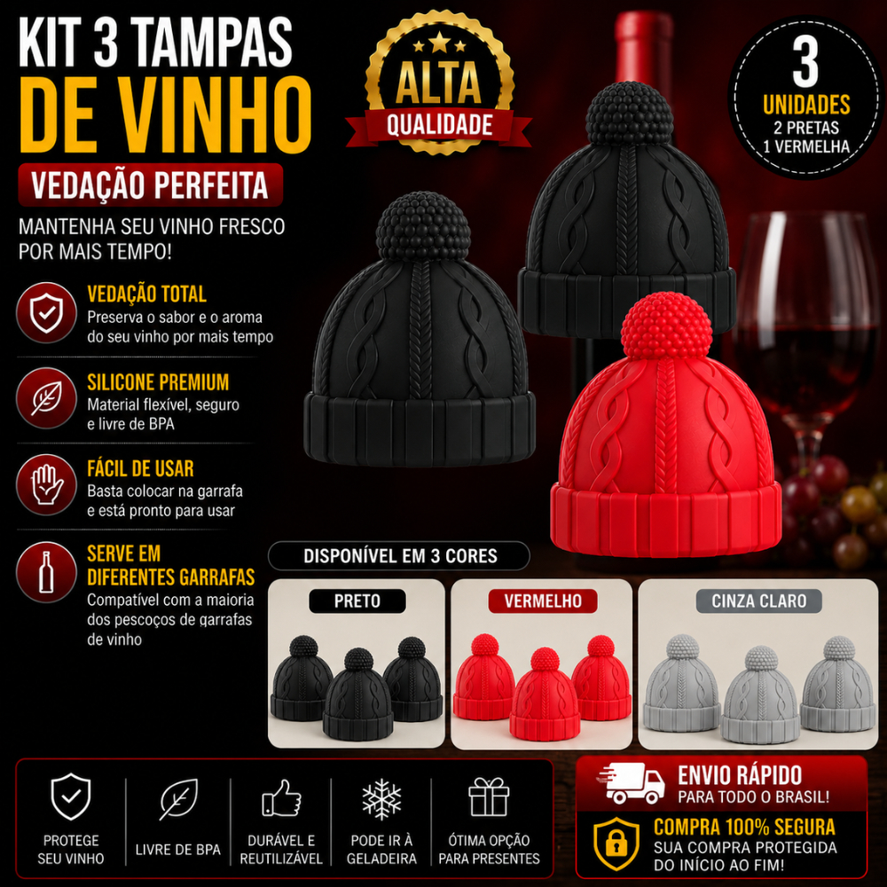 Kit 3 Kit 2 e 1 Unidade Tampas de Garrafa De Vinho em Silicone Vedação Perfeita Preta Vermelha