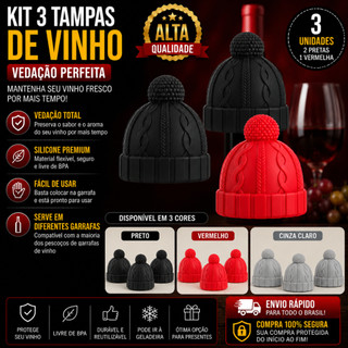 Kit 3 Kit 2 e 1 Unidade Tampas de Garrafa De Vinho em Silicone Vedação Perfeita Preta Vermelha