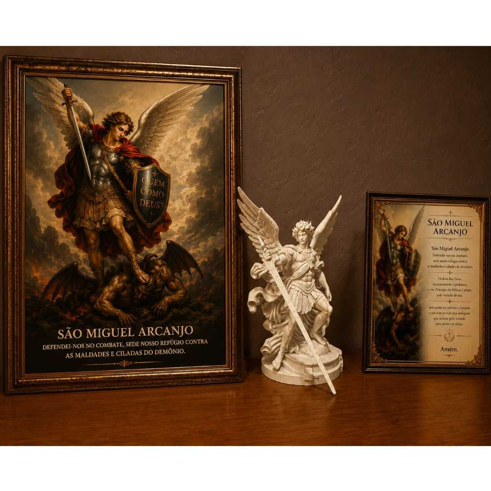 Quadro Decorativo Sao Miguel Arcanjo Com Estatua Realista Para Devocional Oraçao Proposito e Limpeza