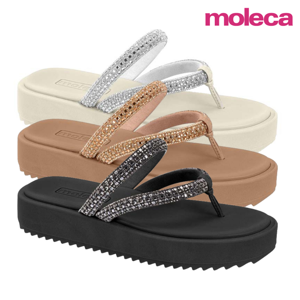 Sandália Papete Feminina Moleca Casual Tiras Strass Tratorada Confortável Original Lançamento