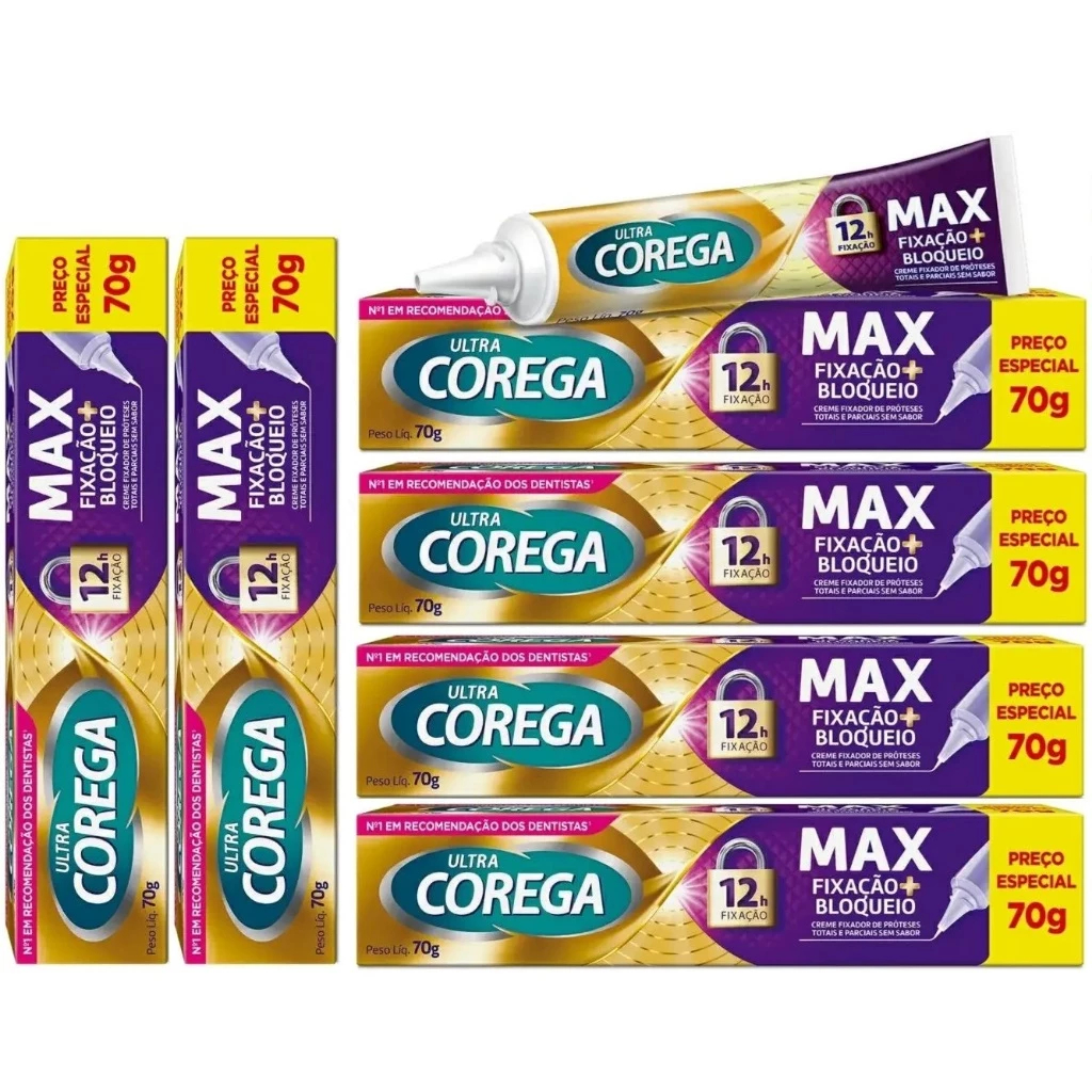 Kit Corega Creme Ultra Máxima Fixação Bloqueio Dentadura Sem Sabor 70g
