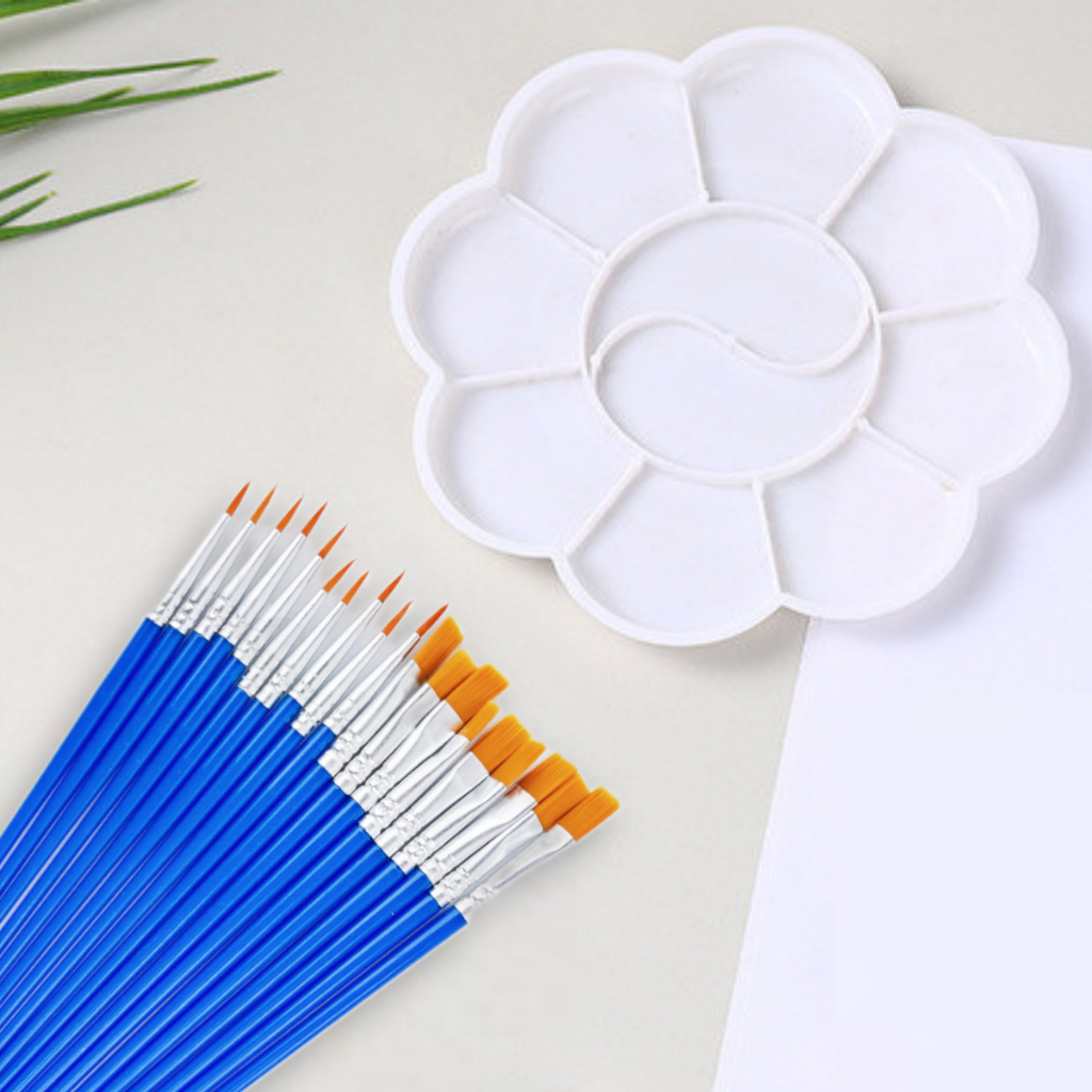 Conjunto de 20 Pincéis de Nylon + Bandeja de Tinta Paleta Godê De Plástico (Pontas Finas e Chatas)