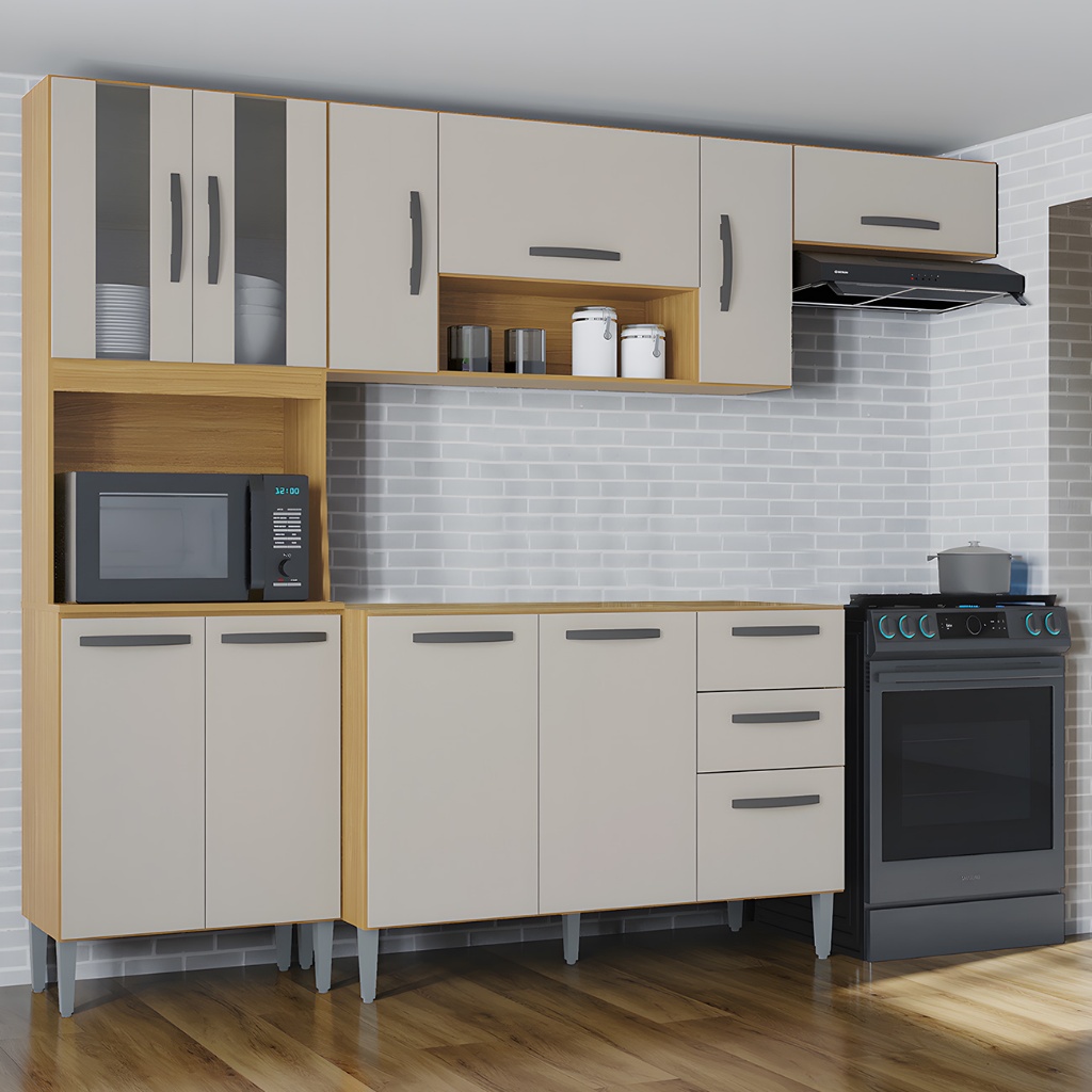 Armário de Cozinha Compacta e Balcão para Pia sem Tampo 244cm Livy Z46 Damasco/Off White - Mpozenato