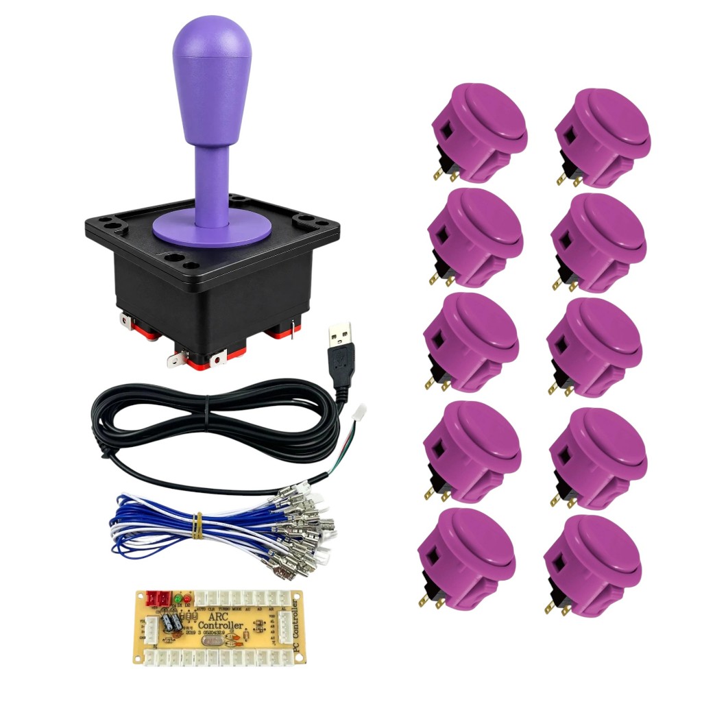 Kit 1 Comando e 10 Botões Lilás Tipo Sanwa 30mm Para Fliperama Arcade + 1 Placa Zero Delay