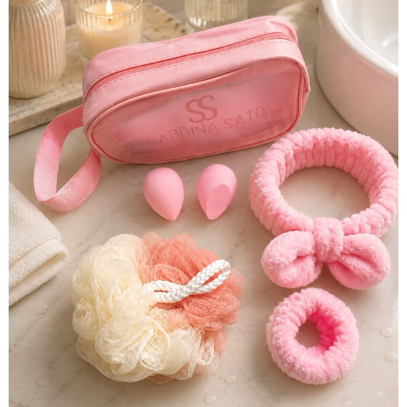 kit de cuidados pessoais feminino skincare Necessaire faixa de pulso, faixa de cabelo, 2 esponjas, bucha de banho