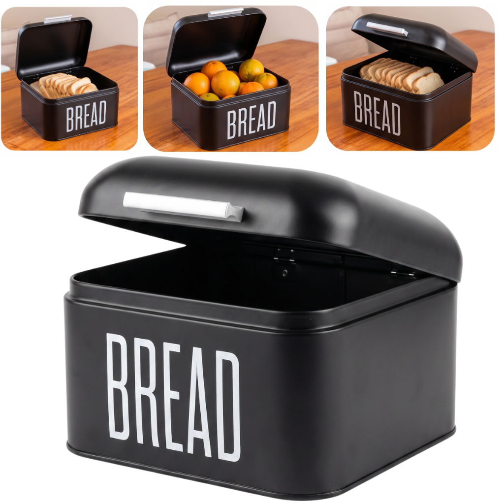Porta Pão Grande Metal Organizador De Pães Em Lata Bolo Com Tampa Articulavel Preto