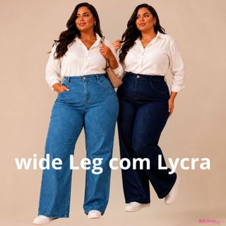 Calça Jeans Wide Leg  Plus Size Feminina Elastano Cintura Alta 46 ao 54 Moderna tendência…