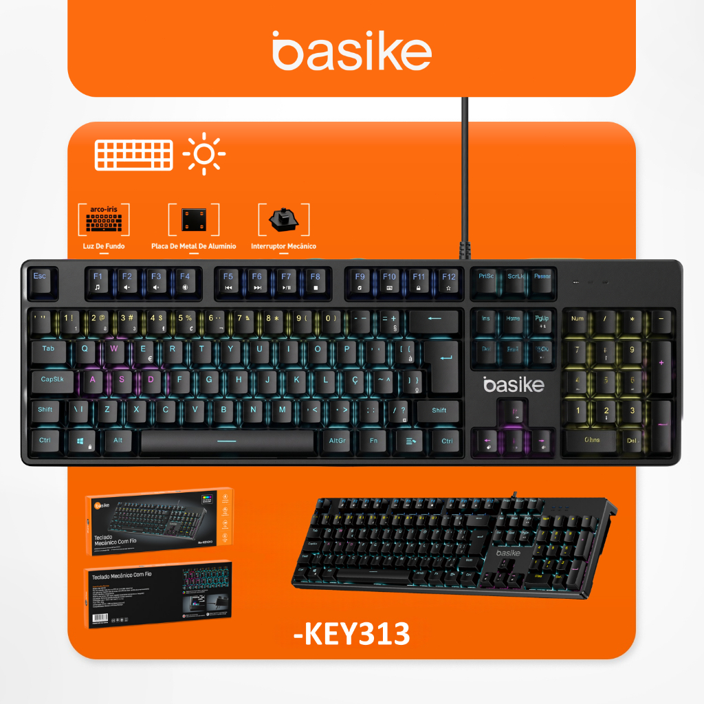 BASIKE Teclado Mecânico RGB Com Fio USB Aitek Delta KEY313 Para PC Gamer Notebook Setup 106 Teclas