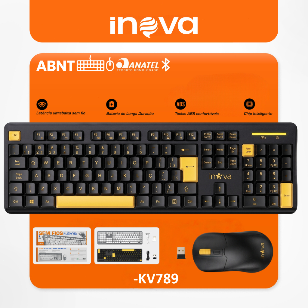 INOVA KV789 Conjunto Teclado e Mouse Sem Fio Baixa Latência Teclas Silenciosas Bateria Longa Duração