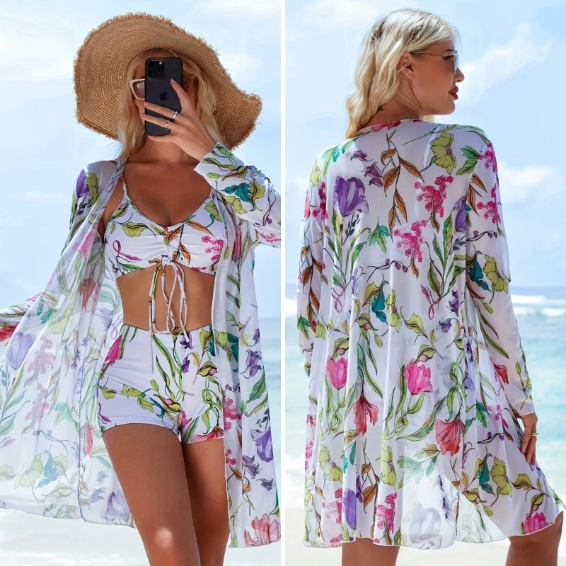 Maiô Biquíni Feminino Sexy Com Três Peças Cordão Com Saida De Praia Feminino Kimono Conjuntos Bikini