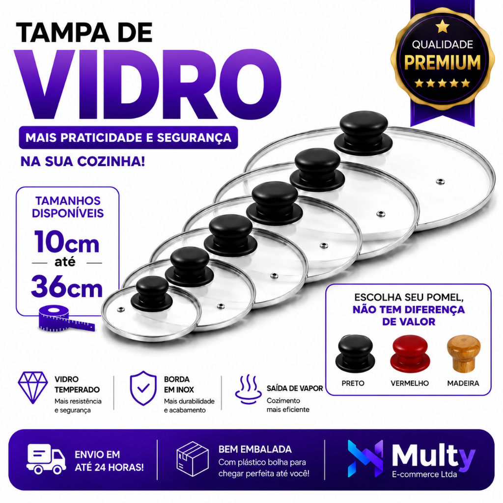 Imagem Tampa de Vidro Temperado Tampa Para Panela Avulsa Universal Borda Inox Com Saída de Vapor 10 a 36cm