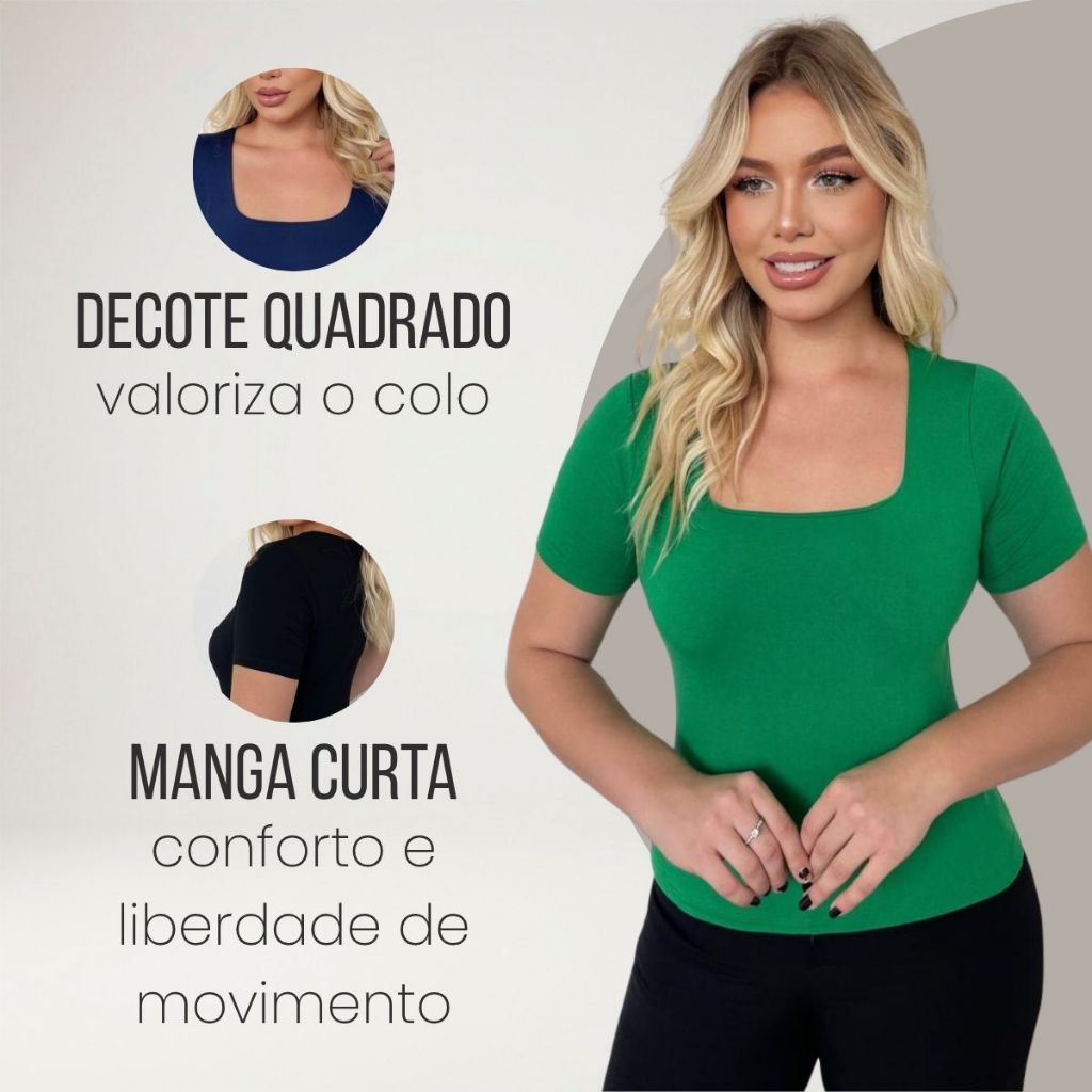 Blusa Feminina Decote Quadrado Manga Curta Malha Viscolycra Premium Lisa Básica Confortável Casual Elegante