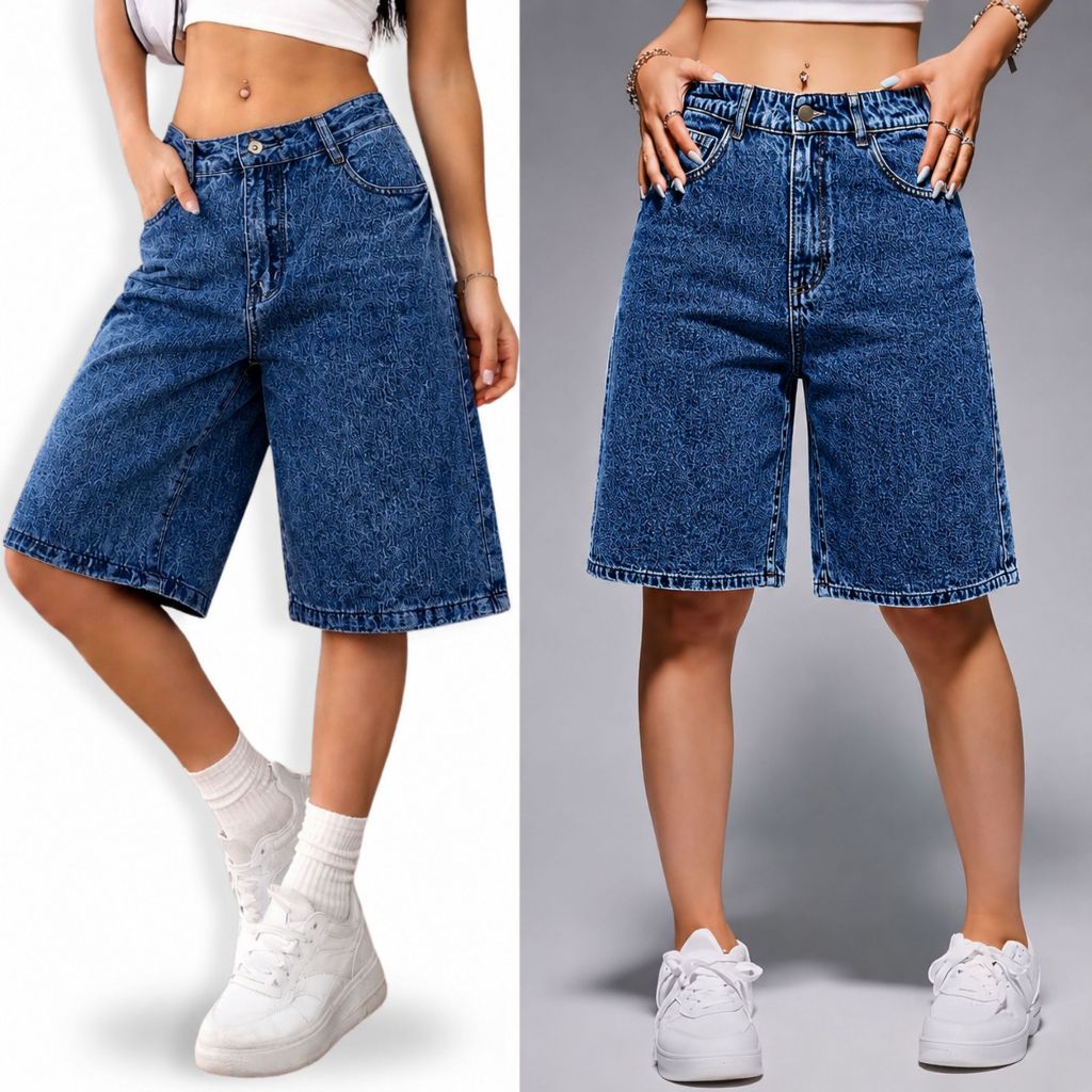 Bermuda Jorts Oversized Feminina Jeans 100% Comprida Cintura Alta Casual