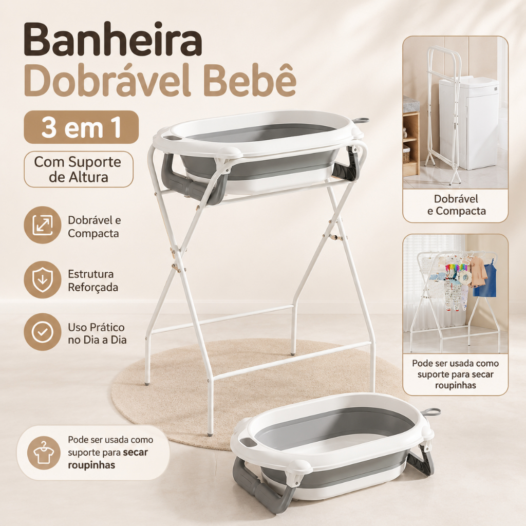 Banheira Dobrável Bebê 3 em 1 Com Suporte De Altura Portátil