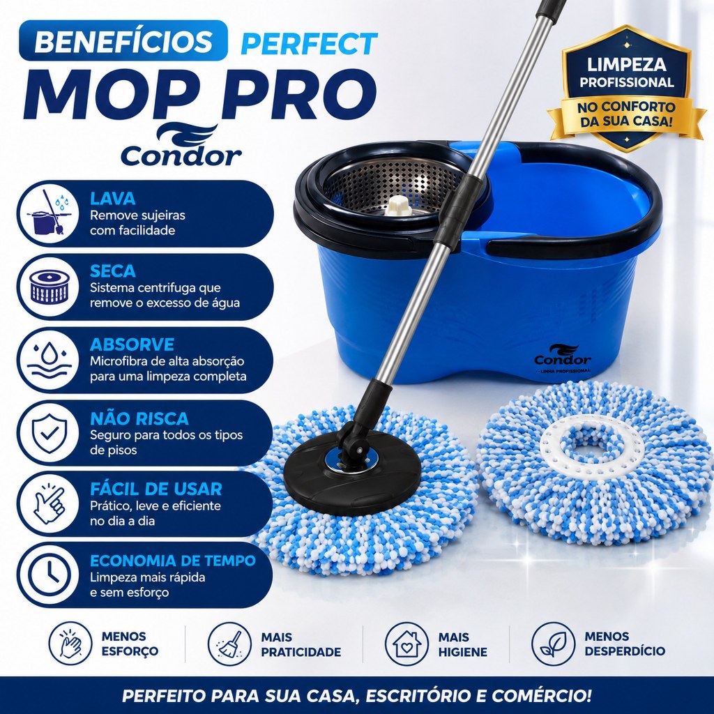 Mop Giratório Condor Perfect Mop Pro Balde 16L Cabo Grande Centrífuga Inox Refil Extra