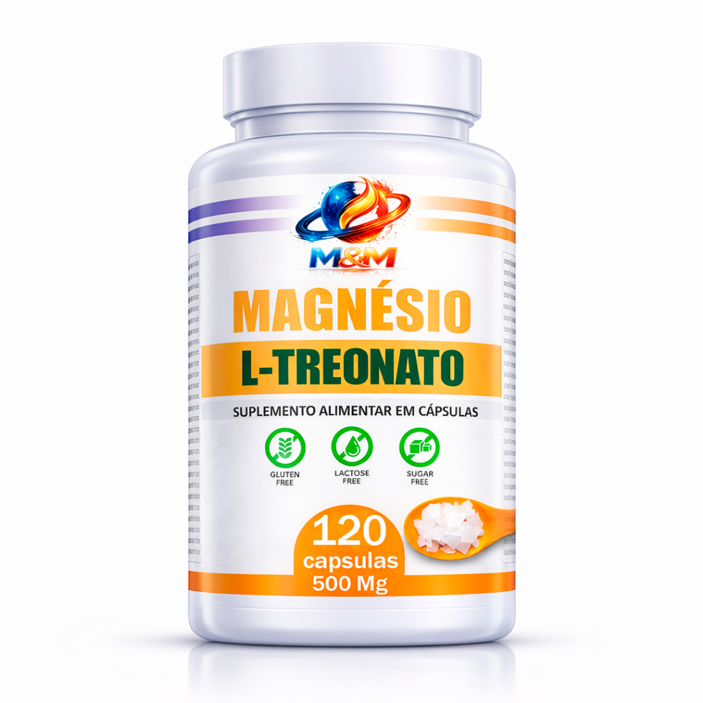 Magnésio L-Treonato Puro 500mg 120 Cápsulas | Suplemento para Memória, Concentração Bem-Estar Mental