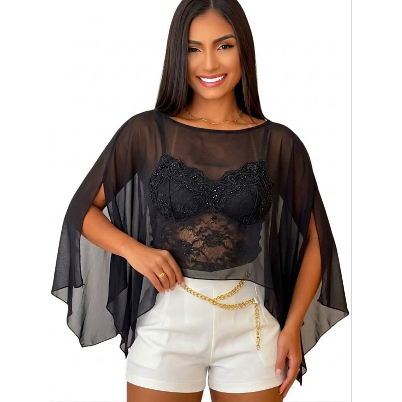 Blusa Poncho Tule Transparente Assimetrica | Look Festa Balada Elegante