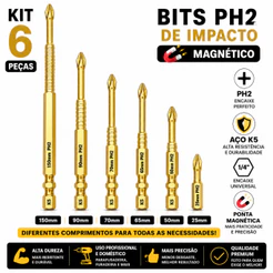 Kit 6 Bits Ponteiras PH2 Magnético Antiderrapante Aço K5 Reforçado para Parafusadeira 25mm -150mm