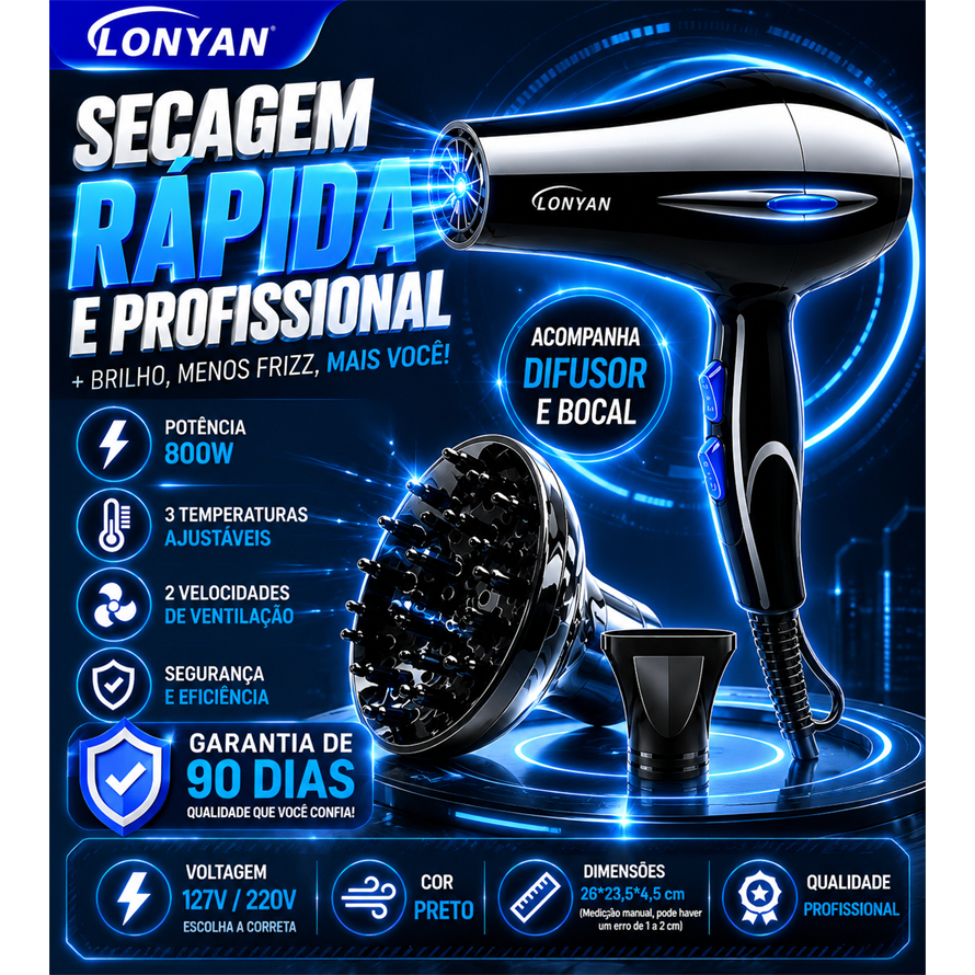 Secador de Cabelo Profissional com Difusor 127V 220V 110V Íons Negativos Anti-Frizz 5 Níveis Turbo Ar Quente Frio LONYAN