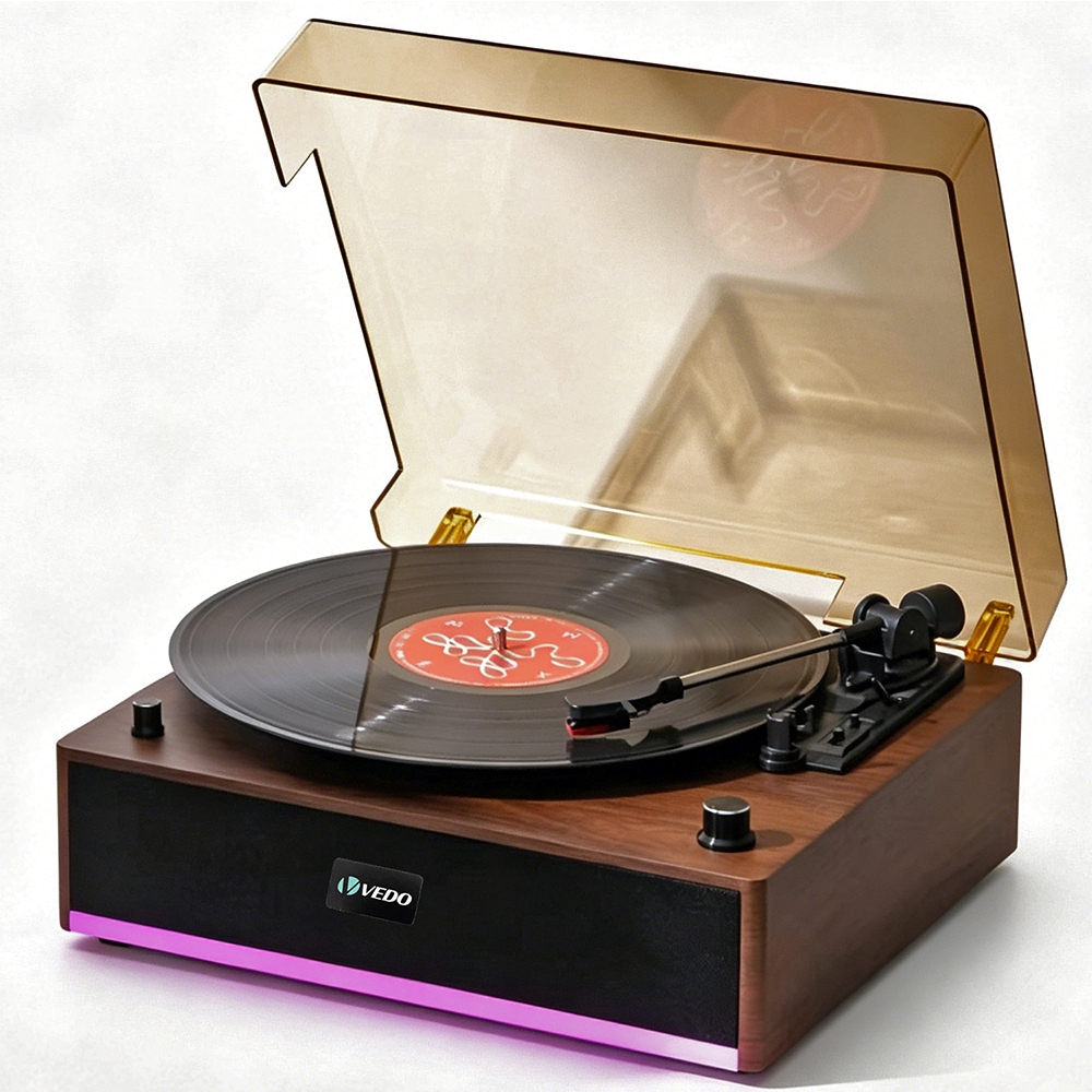 Toca-discos de vinil preto com alto-falante, toca-discos retrô, toca-discos com acionamento por correia, compatível com