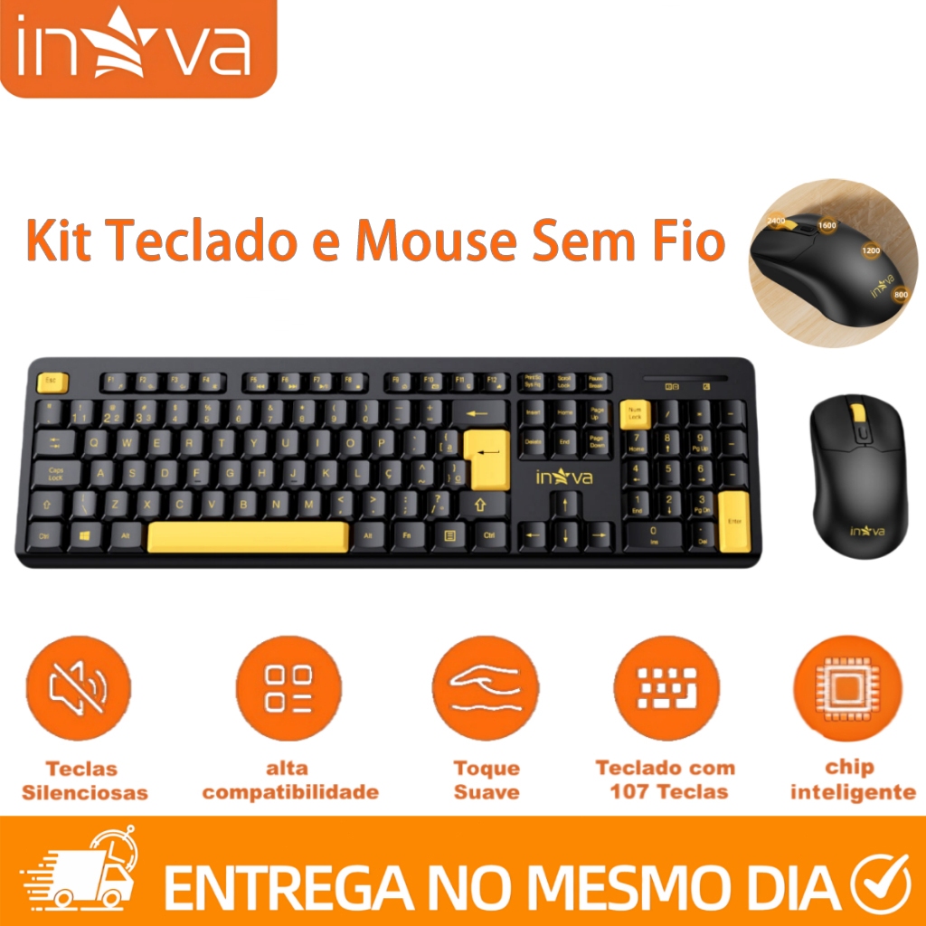 INOVA Kit Teclado Mouse Sem Fio Ergonômico | Baixa Latência Teclas Silenciosas Bateria Longa Duração