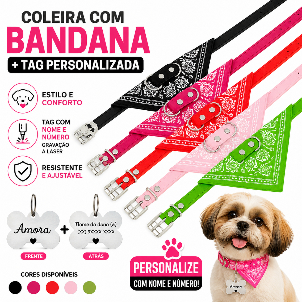 Coleira Com Bandana e Tag Personalizada a Laser Com Nome e Numero Cachorro Pequeno Porte Chefão Pet