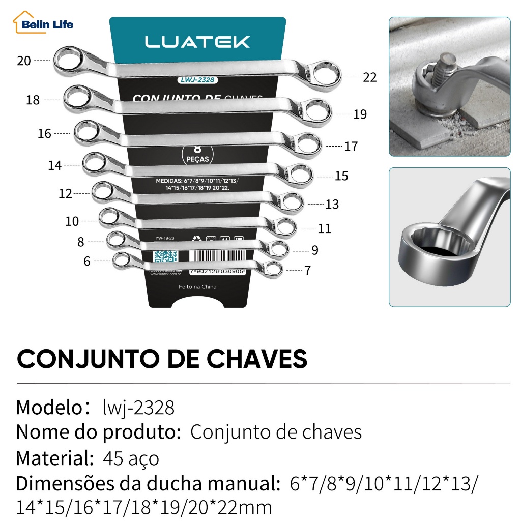 Jogo de Chave Estrela Dupla 8 Peças 6mm a 22mm Com Suporte Luatek LWJ-2328