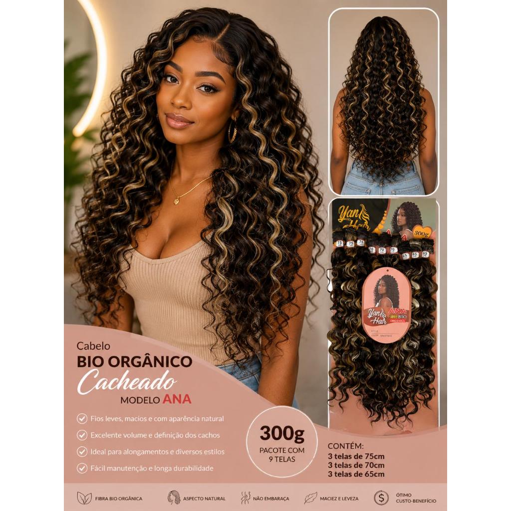 Cabelo Bio Orgânico Cacheado Ana 300gr 75cm 9 Telas No Pacote