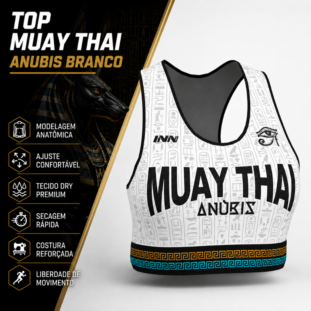 Top Feminino Fitness Muay Thai Estampa Exclusiva Egito 2026 Modelagem Premium Anti Odor