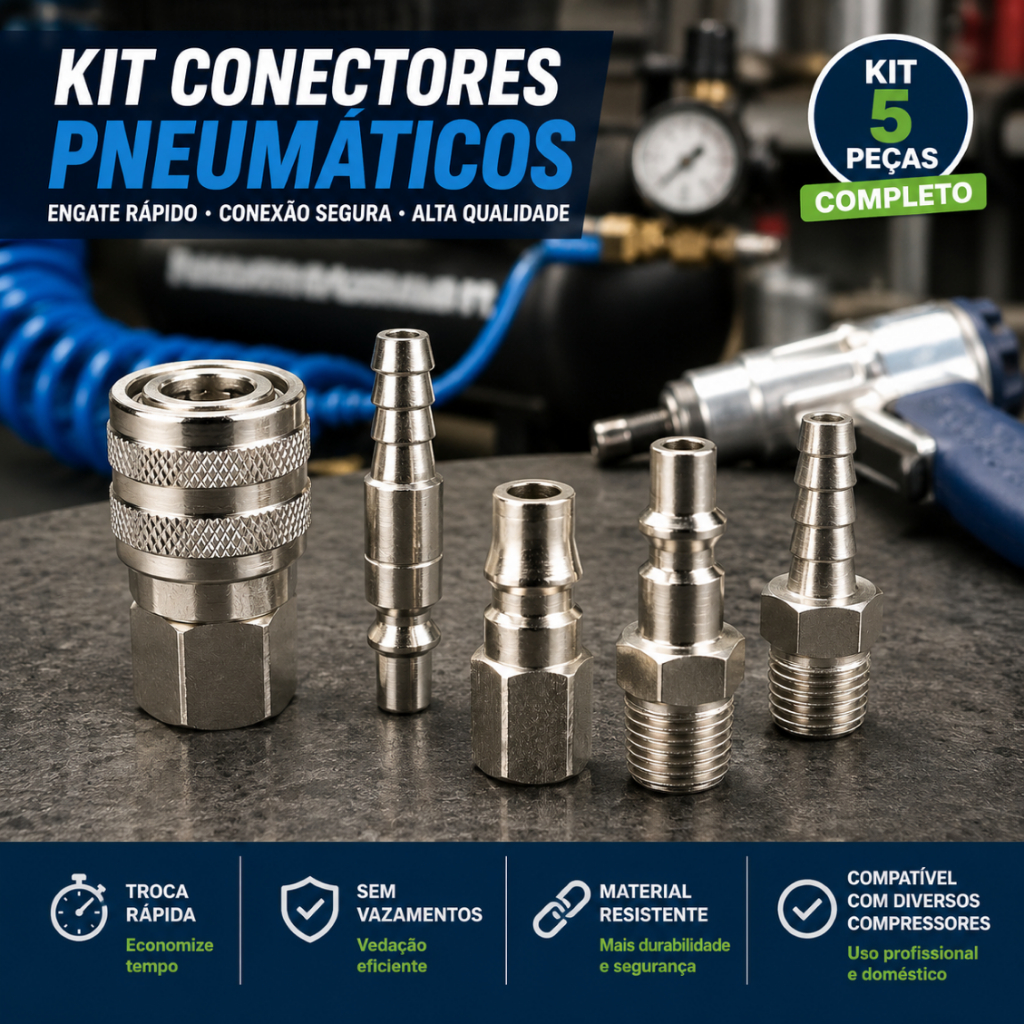 Kit 5 Peça Jogo de Conector Engate Rápido Pneumático 1/4 e Espigão Mangueira 5/16 Compressor e Tufão