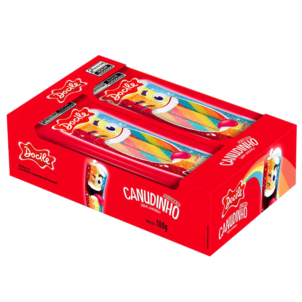 Display Canudinho Colorido Sabor Morango Cítrico Azedinho C/12 unidades de 15g Docile