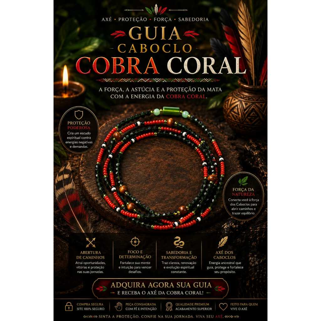 Guia Caboclo cobra Coral em cristal, miçangas Jablonex e bolinhas de madeira, guias personalizadas