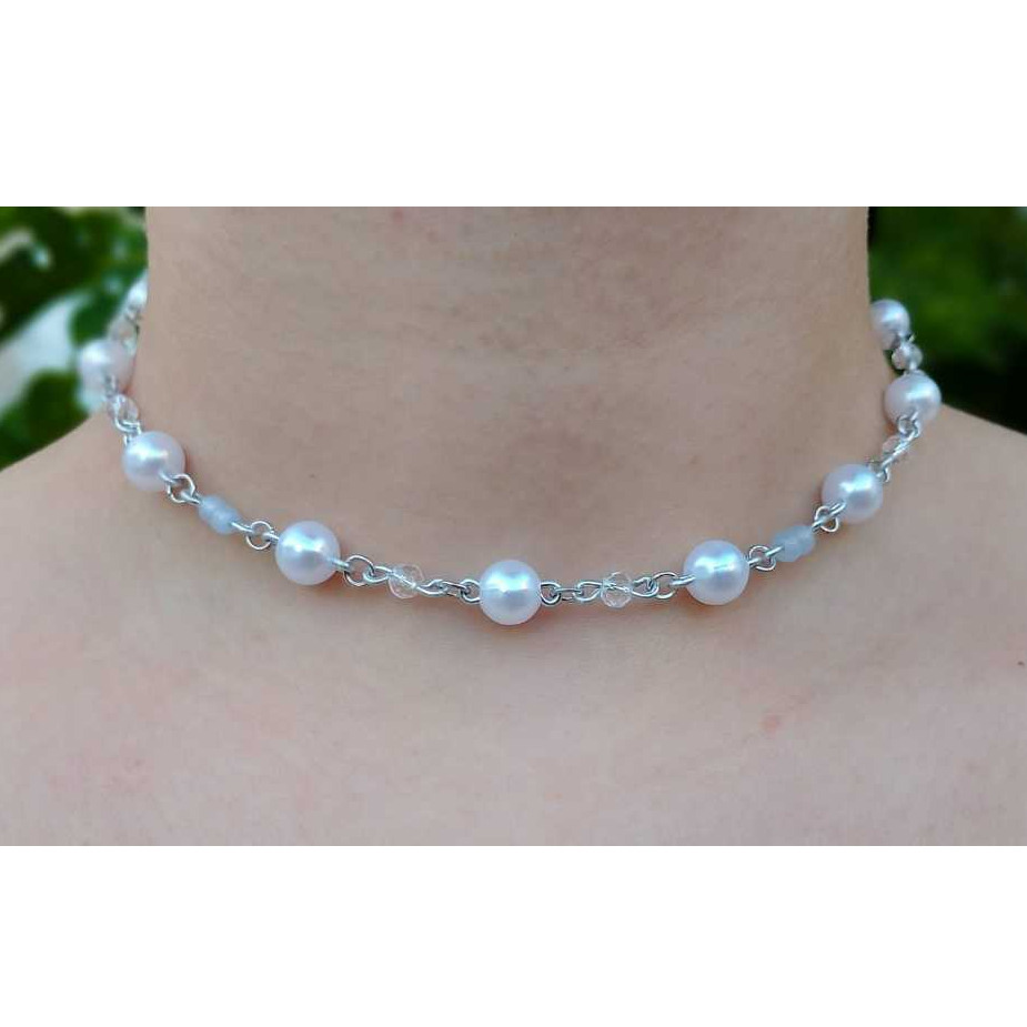 Colar artesanal vintage prateado com perolas e cristais de vidro. Colar Gargantilha Pérolas Feminino Choker Delicado