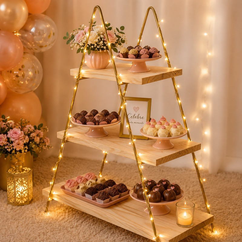 ESCADINHA DE MESA PRATELEIRA 3 DIVISORIAS PARA DOCES DE FESTA MADEIRA NATURAL E METAL DECORAÇÃO DE FESTA E CASA