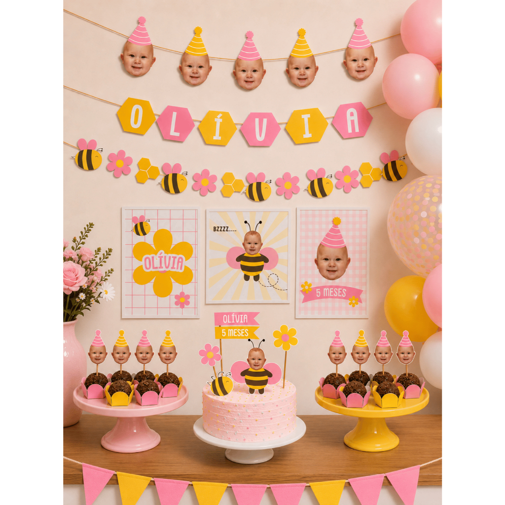 Kit Festa Abelha Personalizado | Pequena Abelhinha | Só um Bolinho | Mesversário e Aniversário Infantil