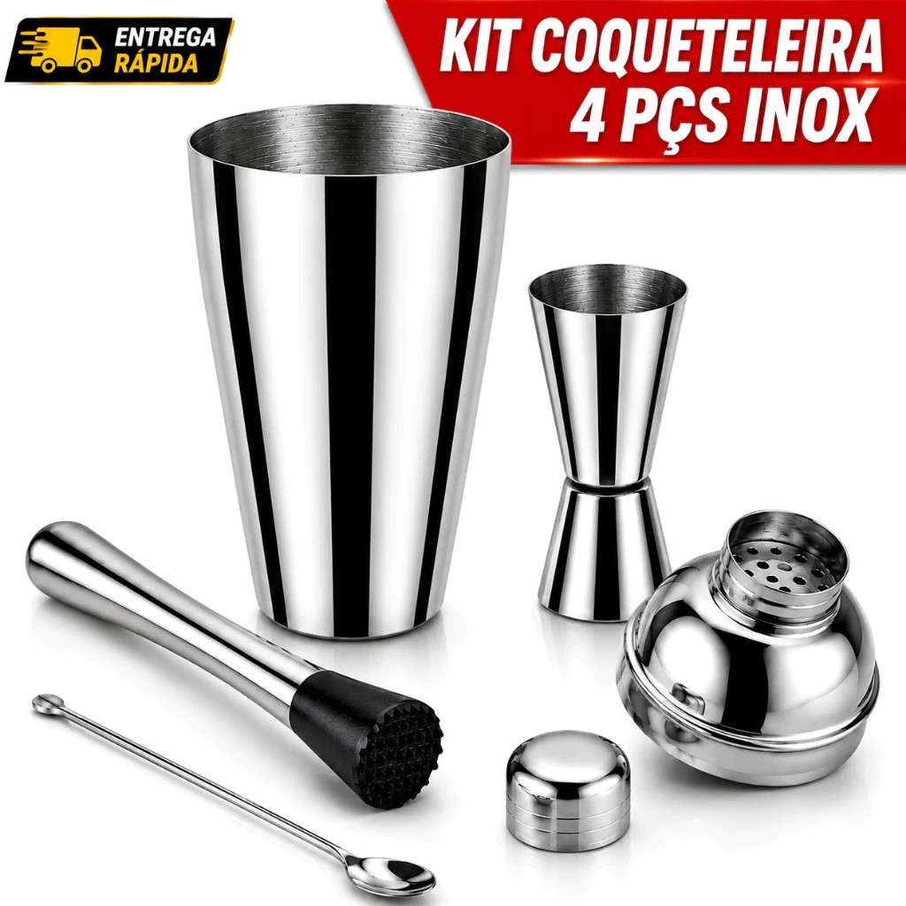Kit Coqueteleira Caipirinha 500ml Colher, Socador e Dosador 30ml  Coqueteleira Batida Drinks