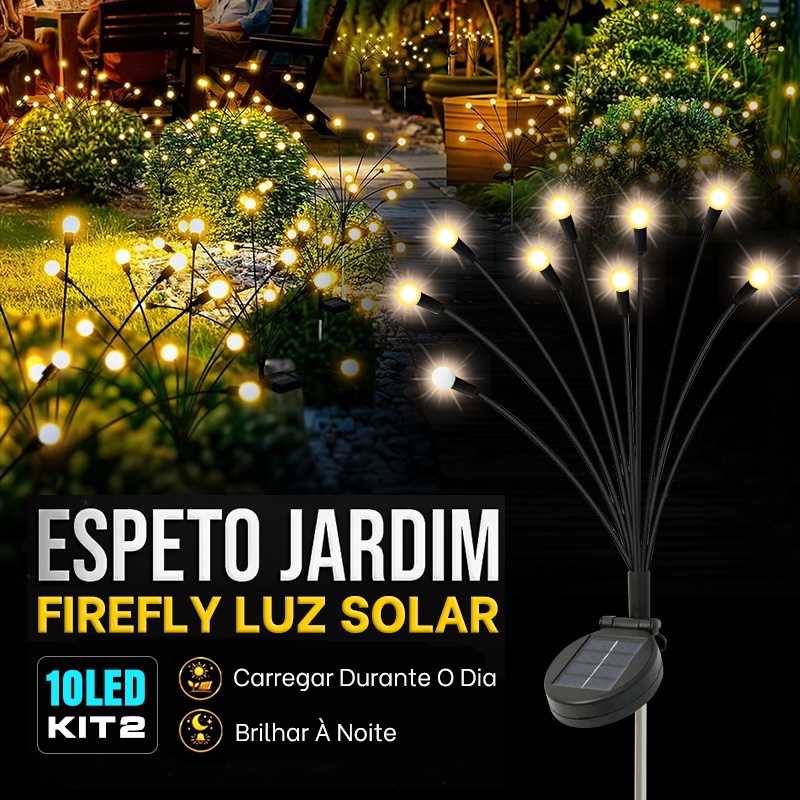 Kit 2 Luminaria Solar 10 Led Vagalume Para Jardim Espeto Luz Decoração À Prova D'água