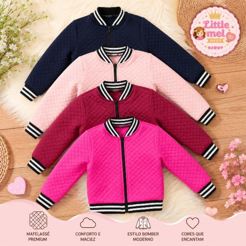 Jaqueta Bomber Infantil Feminina Matelassê | Casaco Infantil de Frio Menina | Jaquetinha Infantil do 02 ao 16